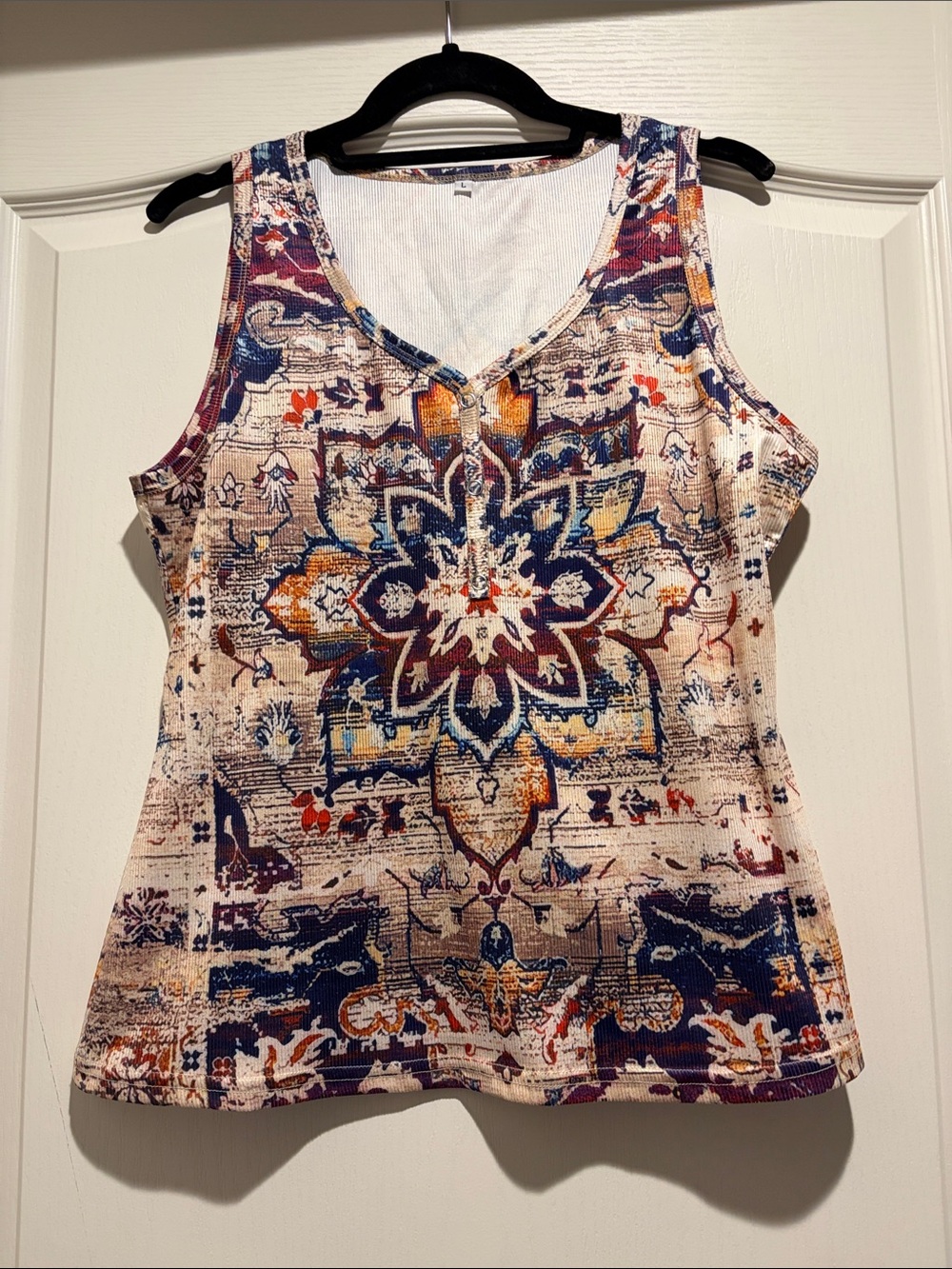 SHEIN Navy Burgundy Cream & Gold Medallion V-Neck Tank